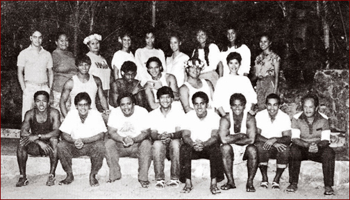 PCC Promo Team members, September 1985: (1st row, left-right) Sielu Avea, Varen Berryman, Vini Purcell, John Maka Cummings, Kennan Kanahele, Benny Kai, Lamar Benevides, _______; (2nd row, l-r) Kaleo Requilman...
