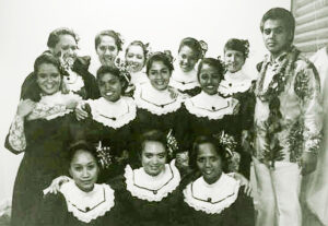 Cy Bridges (right) and the women of the Polynesian Cultural Center's hula hālau, Hui Honolulu Aloha, backstage at the 1984 Merrie Monarch Festival in Hilo.
